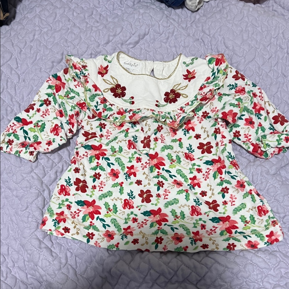 Mud Pie Floral Ruffle Kids Blouse - Red and Green